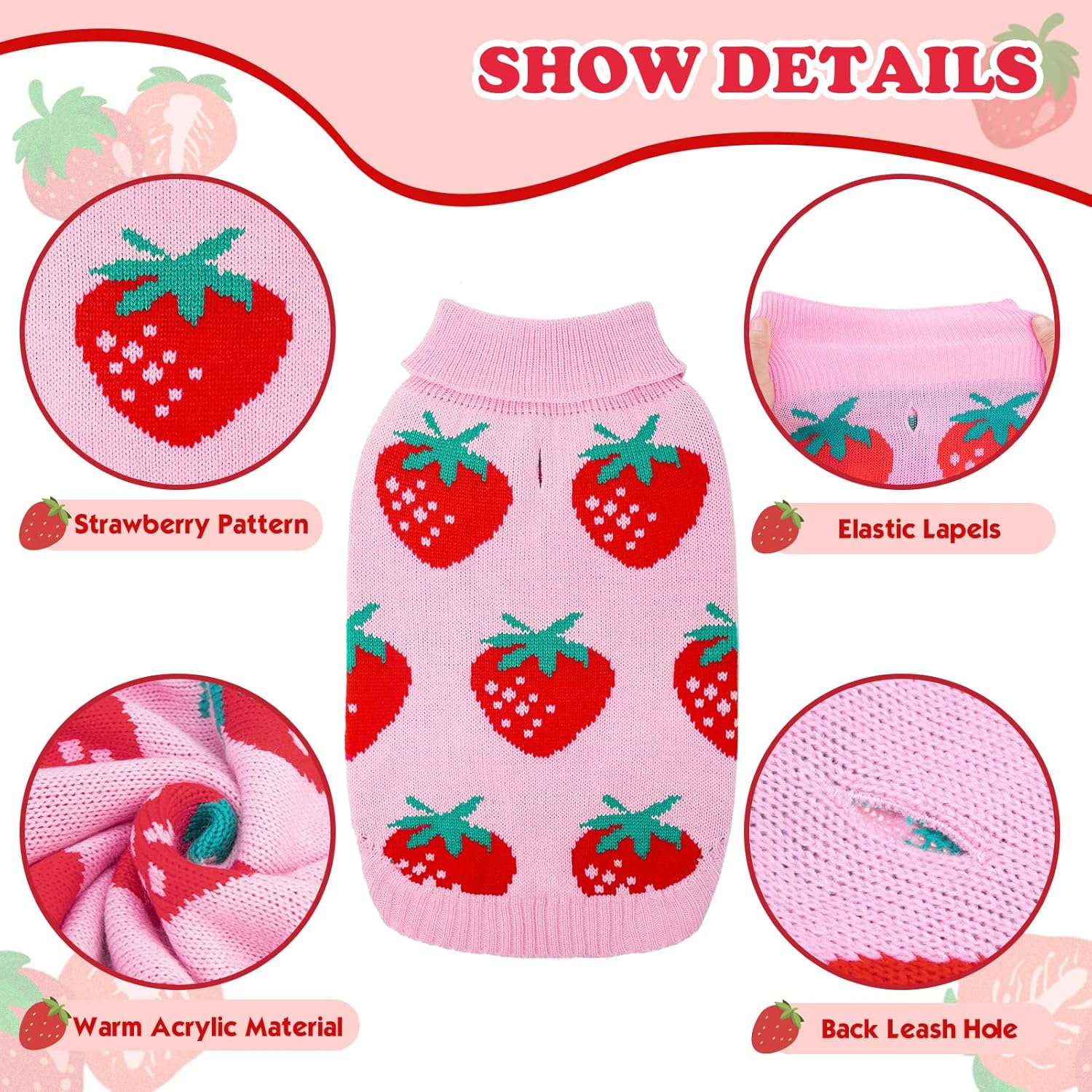 Dog Sweaters for Small Dogs - Cute Girl Dog Clothes Knitwear Warm Puppy Winter Sweater, Pink Strawberry