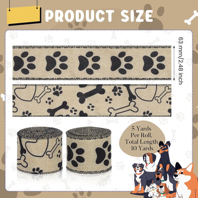 2 Rolls 10 Yards Paw Print Wired Edge Ribbon 2.5 Inch Dog Bone Pattern Fabric Ribbon Pet Dog Themed Craft Ribbon for Puppy Party Decoration Farmhouse Wreath Gift Wrapping