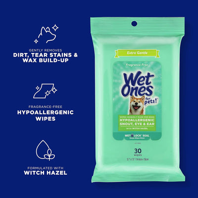 Wet Ones for Pets Extra Gentle Hypoallergenic Dog Wipes with Witch Hazel for Snout, Eye, and Ear - Fragrance-Free Wipe for All Dogs with Wet Lock Seal Pouch, 30 Count