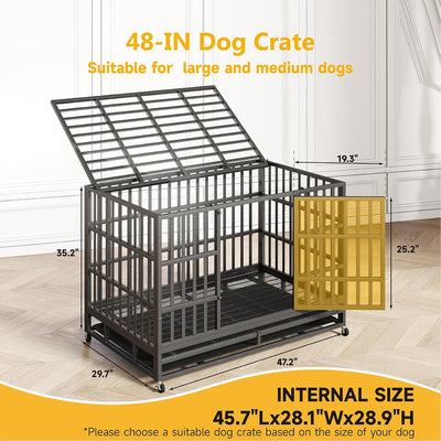 54/48/42/38 Inch Heavy Duty Dog Crate – XL XXL Escape Proof Steel Kennel for Large Dogs, High Anxiety Indoor Cage with Wheels and Removable Tray