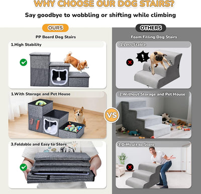 Bilibrara Dog Stairs for Small Dogs, Foldable Pet Steps for High Bed, Non-Slip 3-Step Cat Stairs with Storage, Condo and Fluffy Ball, Small Dog Indoor Ramp for Couch Window, 16.7'' H