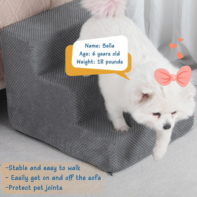 Dog Stairs for Small Dogs & Cats, 3-Step Non-Slip Pet Steps for Couch Sofa and Chair, Grey, 13.6" H