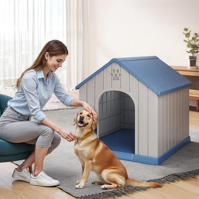 DRATO Indoor Outdoor Waterproof Dog House,PP Material,Puppy Shelter with Air Vents and Elevated Floor,Sturdy Dog Kennel for Small to Large Sized Dogs, Easy to Assemble (Blue, 38.62×36.26×38.07 Inches)