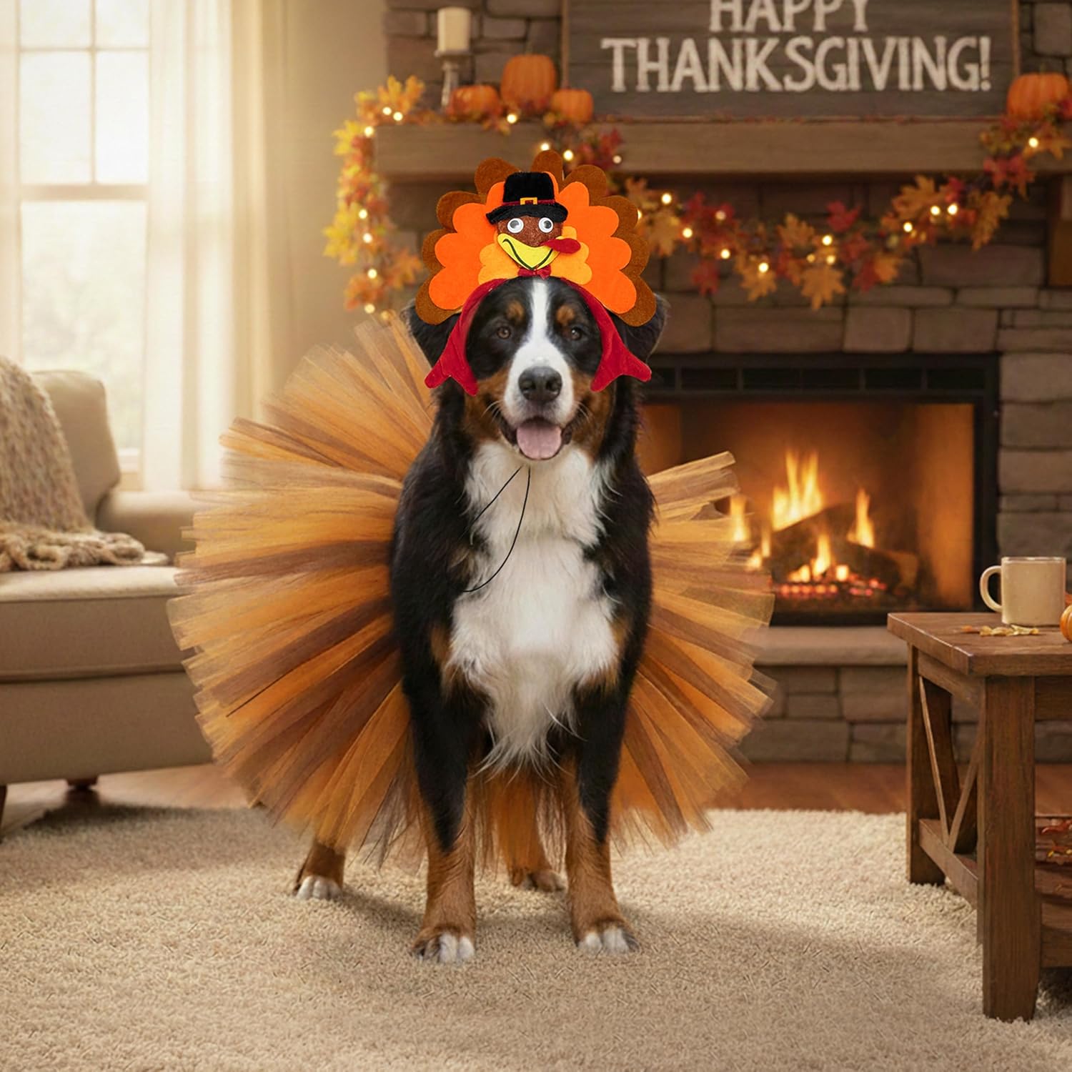 PAWNISAW Thanksgiving & Christmas Dog Costume Set, Cute Turkey & Antler Headband & Dog Tutu Dress Holiday Party Outfit Accessories for Medium, Large Dogs