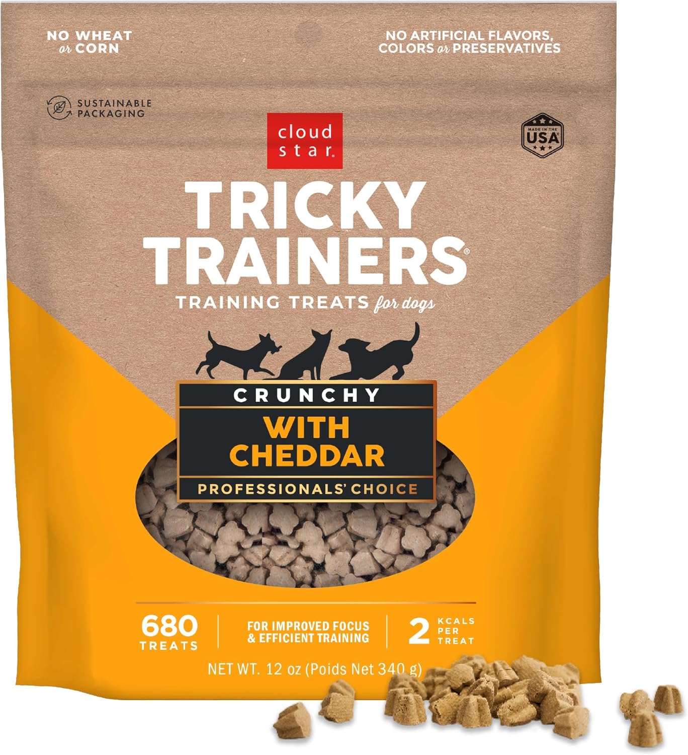 Cloud Star Tricky Trainers Crunchy Dog Training Treats 12 oz. Bag, Cheddar Flavor, Low-Calorie Behavior Aid with 680 Treats
