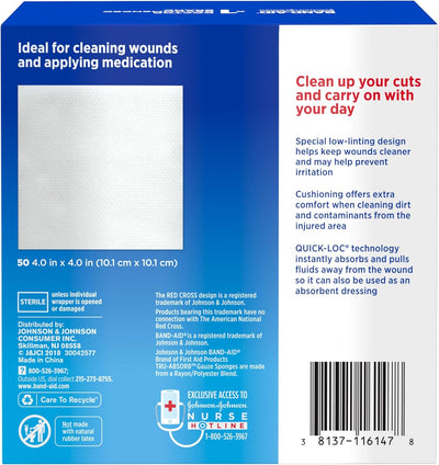 Band Aid Brand First Aid Products Tru-Absorb Sterile Gauze Sponges for Cleaning and Cushioning Minor Wounds, Cuts & Burns, Low-Lint Design, Individually Wrapped 4 in by 4 in Pads