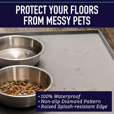 Leash Boss Waterproof Silicone Dog & Cat Placemat for Food and Water Bowls with Raised Edges, 18x11, Grey - Dog Water Mat - Cat Food Mat