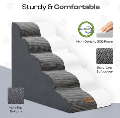 Curved Dog Stairs for High Bed Up to 26", 5-Step Dog Ramp for Small Dogs with Washable Cover, Non-Slip Steps for Cats to Get on Couch and Sofa, Durable Foam Ladder for Medium Breeds, Light Grey