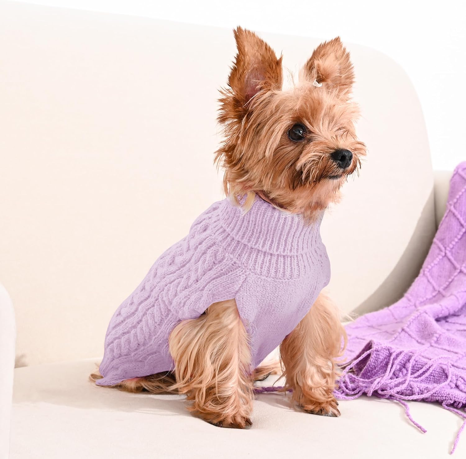 2 Pack Dog Sweaters for Small Dogs Winter Turtleneck Pullover Cable Knit Fleece Stretch Puppy Doggie Chihuahua Toy Poodle Yorkie Pomeranian Boy Girl Pet Clothes (S, Pink & Purple)