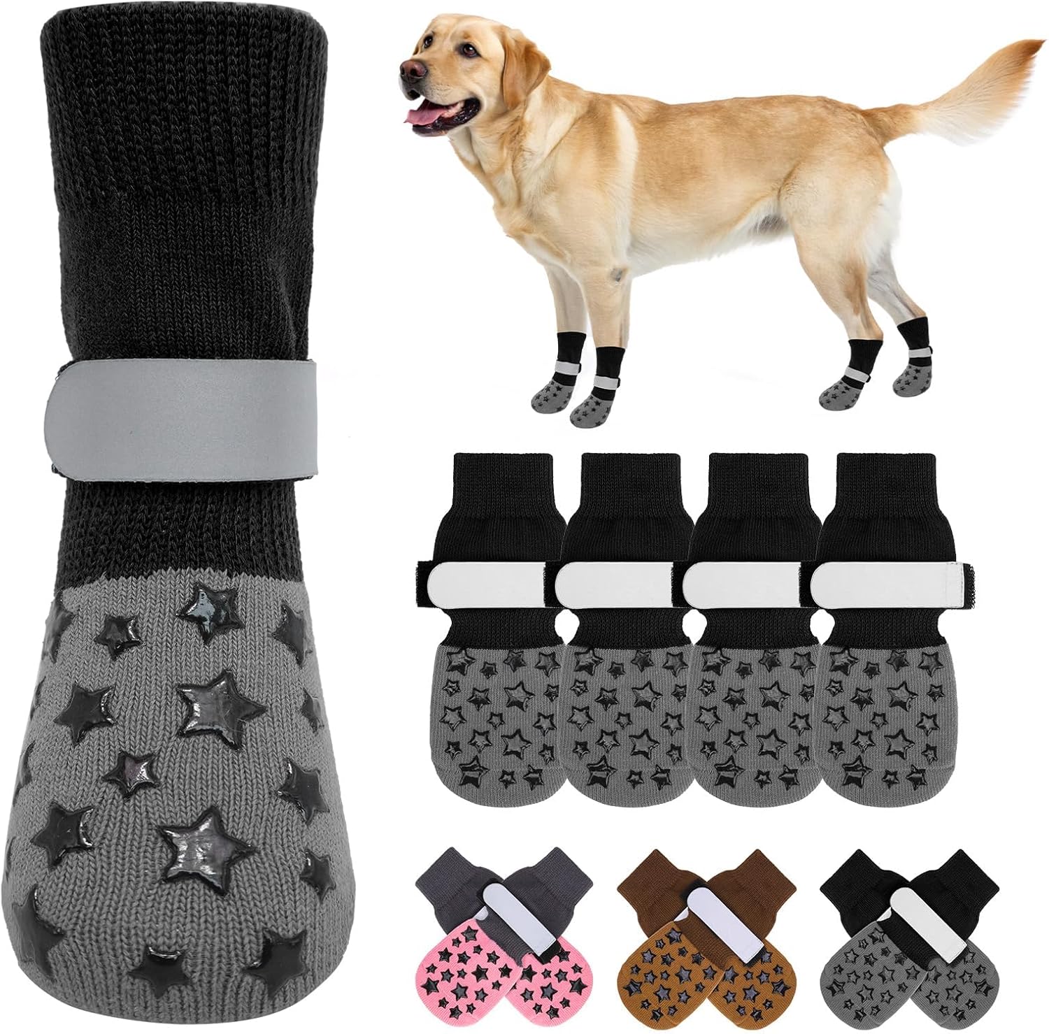 BEAUTYZOO Anti Slip Dog Socks to Prevent Licking Paws, Dog Shoes for Cold Pavement, Grip Socks for Dogs on Hardwood Floors, Dog Booties Alternative, Reflective&Washable Paw Protection for Senior Dogs