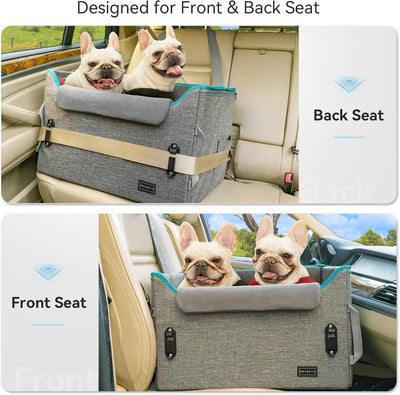 PETSFIT Dog Booster Car Seat for Small/Medium Dogs, Dog Car Seat for Medium Sized Dog with 2 Clip-On Safety Leashes and Patented Buckles, Pet Car Seat with Storage Pockets for Pets Under 45Lbs (Grey)