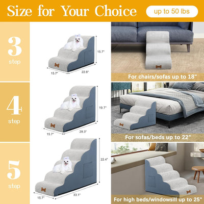 POCBLUE Dog Stairs for Small Dogs 15.7" H, 3-Step Wide Pet Step for High Bed or Couch, Curved Pet Ramps for Cats with High-Density Foam and Washable Cover, Grey