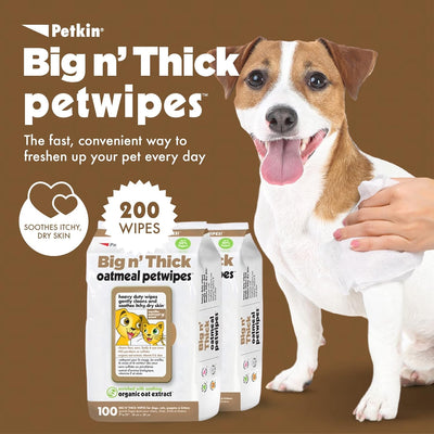 Petkin Toallitas para mascotas para perros y gatos, 200 toallitas (grande) – Toallitas de avena para mascotas para perros y gatos – Alivia la picazón de la piel seca y limpia las orejas, cara,
