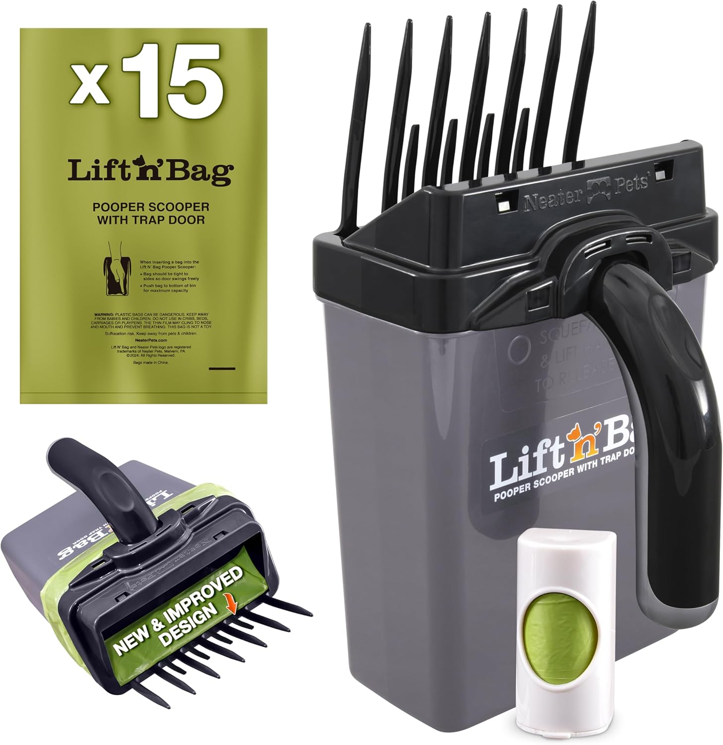 Neater Pet Brands Lift N’ Bag 2.0 Dog Pooper Scooper with Bag Attachment & 27" Pole for Small to Large Dogs, New & Improved Design, 15 Refill Bags, Heavy Duty Dog Poop Scooper for Yard, One-Hand Use