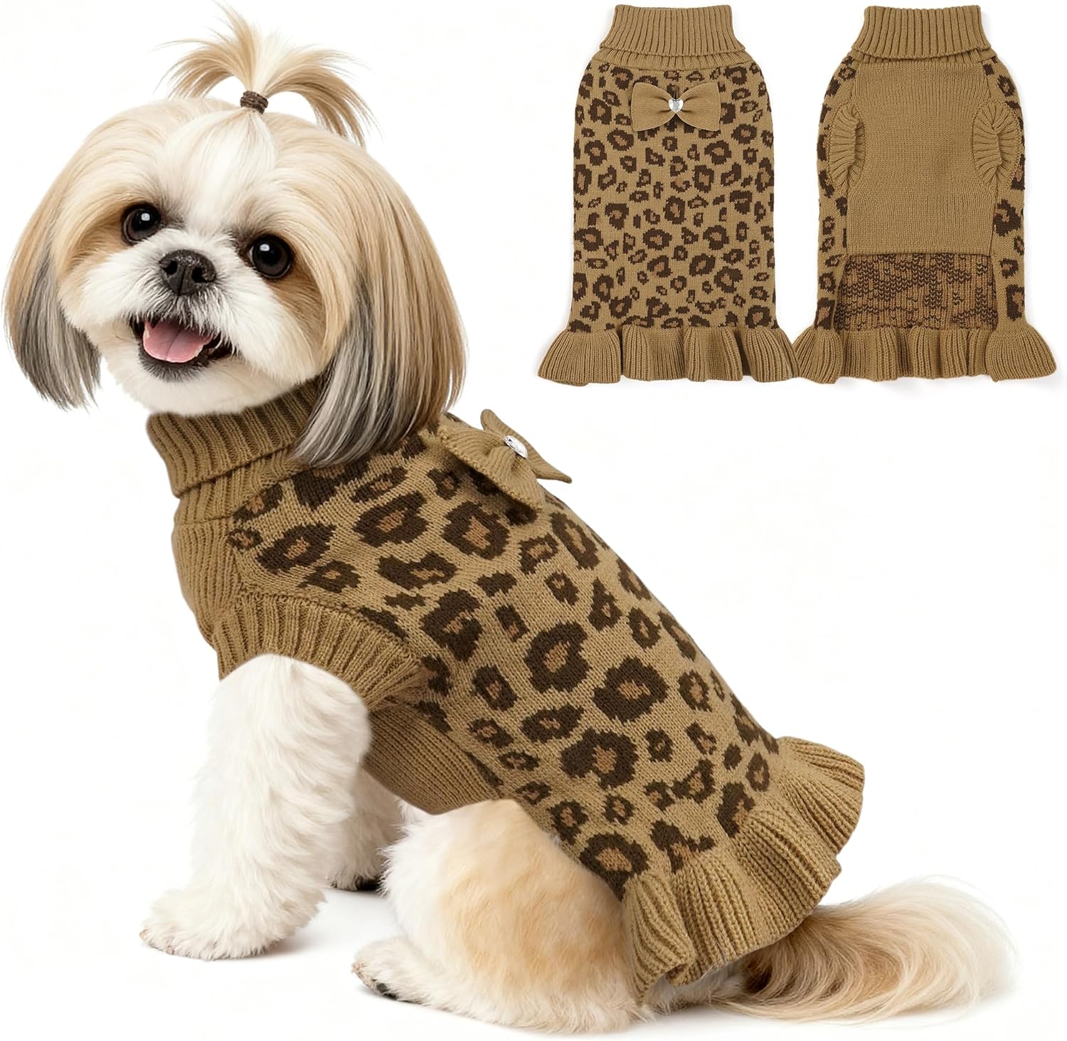 YUDODO Small Dog Sweater Dress with Bowtie Turtleneck Leopard Knitted Pet Girl Dog Winter Clothes Warm Sweater for Yorkies Chihuahua with Leash Hole (S, Khaki Leopard Dress)