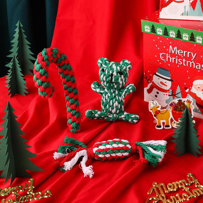LUCKITTY Christmas Dog Rope Toy - 3-Piece Set - Candy Shape Crutch Design, Bear Shaped for Dogs Puppy - 7.87, 7.5, and 5 Inch - Red and Green