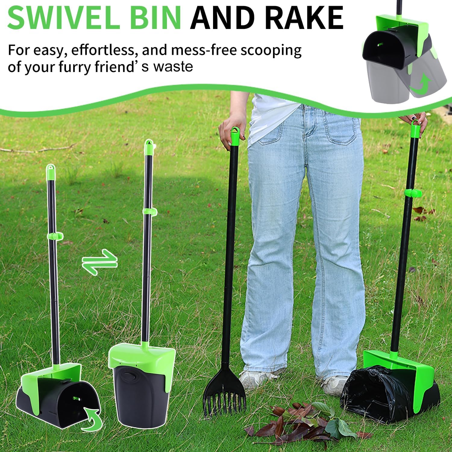 Pooper Scooper Large Swivel Bin & Rake with 160 Waste Bags,Heavy Duty Dog Pooper Scooper with Bag Attachment for Dogs, Long Handle Poop Scooper with Lid for Yard, Grass, Gravel(Green)