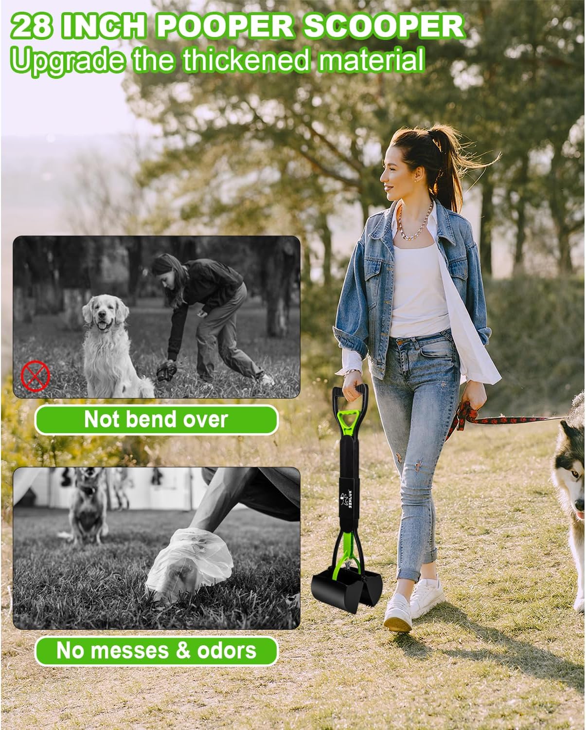 SZHLUX 28" Pooper Scooper, Foldable Dog Pooper Scooper with Unbreakable Material and Durable Spring for Grass and Gravel, Green