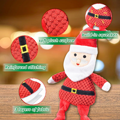 Christmas Dog Toys, 4pcs Stuffed Dog Squeaky Toys for Teething and Chewing, Tough Xmas Gift Toy Bundle Santa Toys for Small Large Dogs Puppy