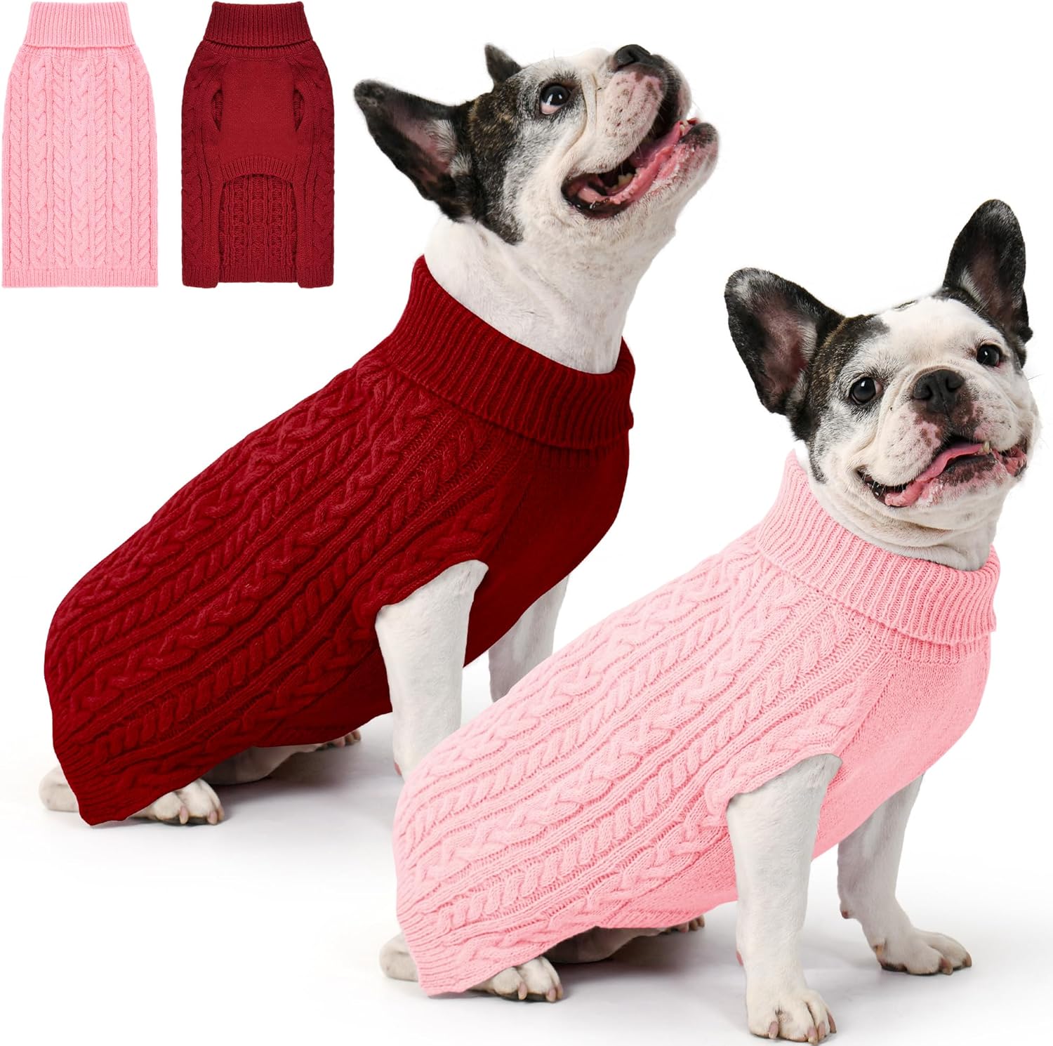 2 Pack Dog Sweaters for Small Dogs Winter Turtleneck Pullover Cable Knit Fleece Stretch Puppy Doggie Chihuahua Toy Poodle Yorkie Pomeranian Boy Girl Pet Clothes (S, Pink & Purple)