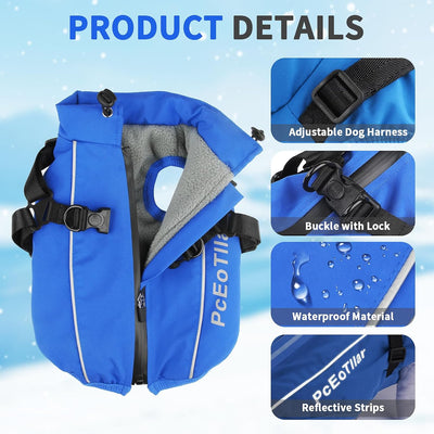 PcEoTllar Dog Coat with Harness, Warm Dog Winter Jacket, Waterproof Windproof Dog Cold Weather Coat, Reflective Snow Dog Clothes with Zipper, Thick Dog Coat for Small Medium Large Dogs (Blue,l)