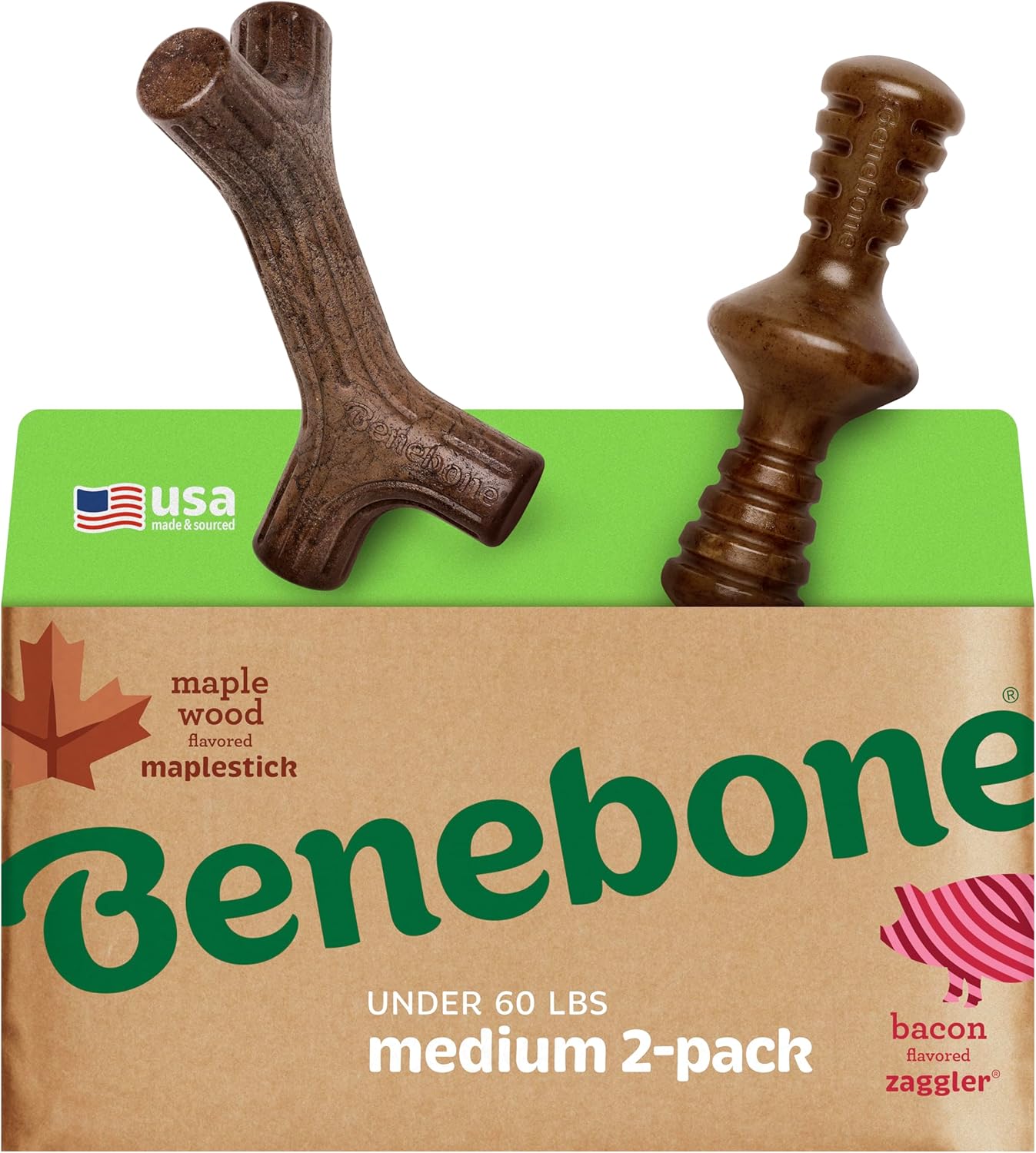 Benebone 2 Count (Pack of 1) Wishbone/Dental Durable Dog Chew Toys, Real Bacon, Made in USA, Small