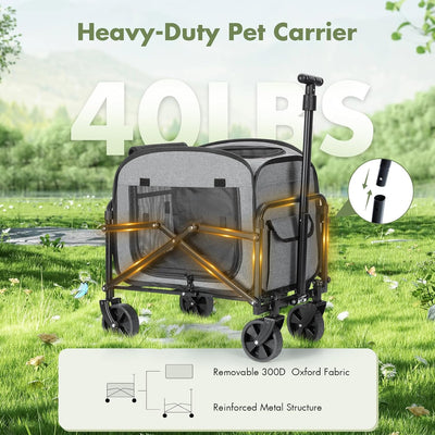Lekereise Pet Carrier with Wheels – Soft-Sided, Foldable, Stable & Ventilated Travel Crate for Cats and Small Dogs, Grey