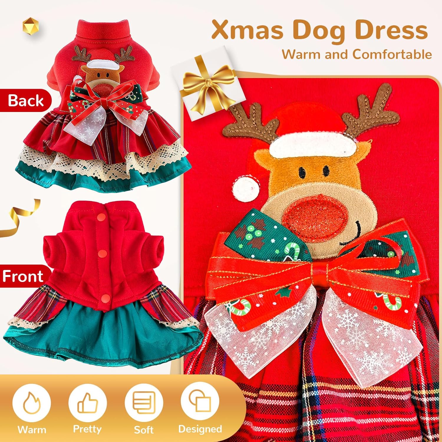 BAEJMJK Cute Small Dog Christmas Dress Xmas Red Reindeer Puppy Princess Dress with Bowknot Warm Holiday Girl Dog Clothes Pet Cats Outfit Apparel for Chihuahua Yorkshire Terriers, Maltese(Medium)