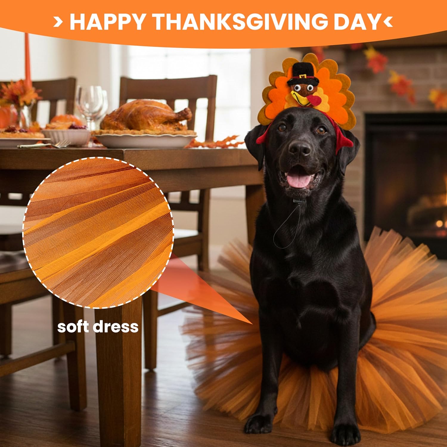 PAWNISAW Thanksgiving & Christmas Dog Costume Set, Cute Turkey & Antler Headband & Dog Tutu Dress Holiday Party Outfit Accessories for Medium, Large Dogs