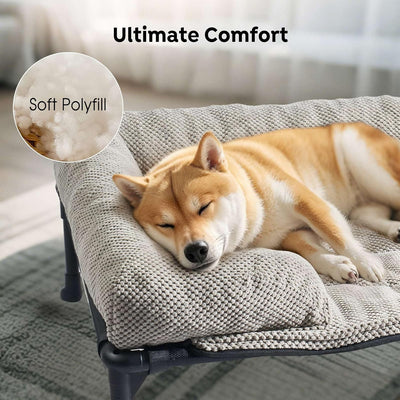 Veehoo Cooling Elevated Dog Bed Add Removable Corduroy Bolster Cushion Mat, 47" x 29" Washable Dog Couch Bed, Raised Pet Cot with Breathable Teslin Mesh, No-Slip Feet, Grey, CWC2439D