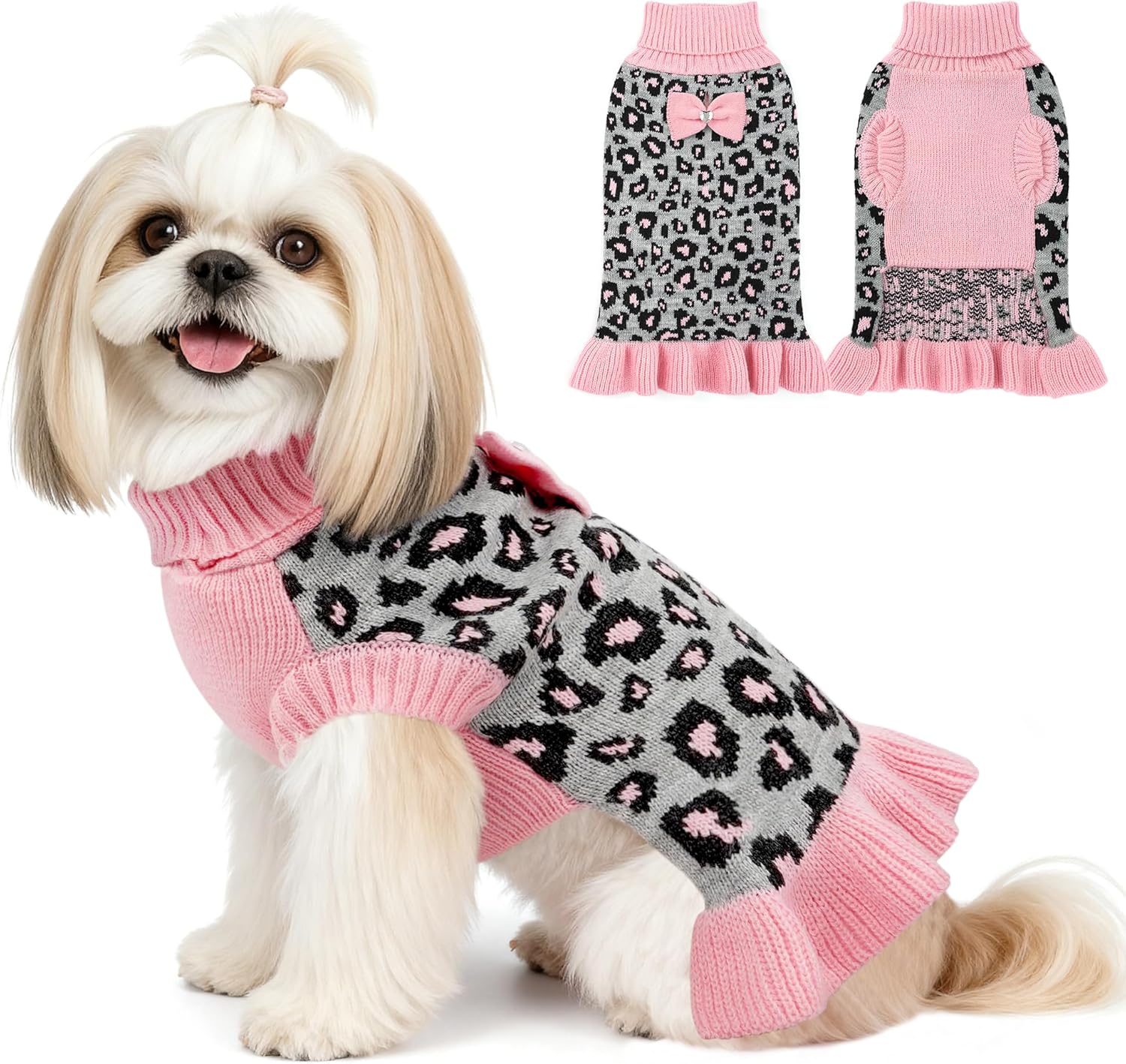YUDODO Small Dog Sweater Dress with Bowtie Turtleneck Leopard Knitted Pet Girl Dog Winter Clothes Warm Sweater for Yorkies Chihuahua with Leash Hole (S, Khaki Leopard Dress)