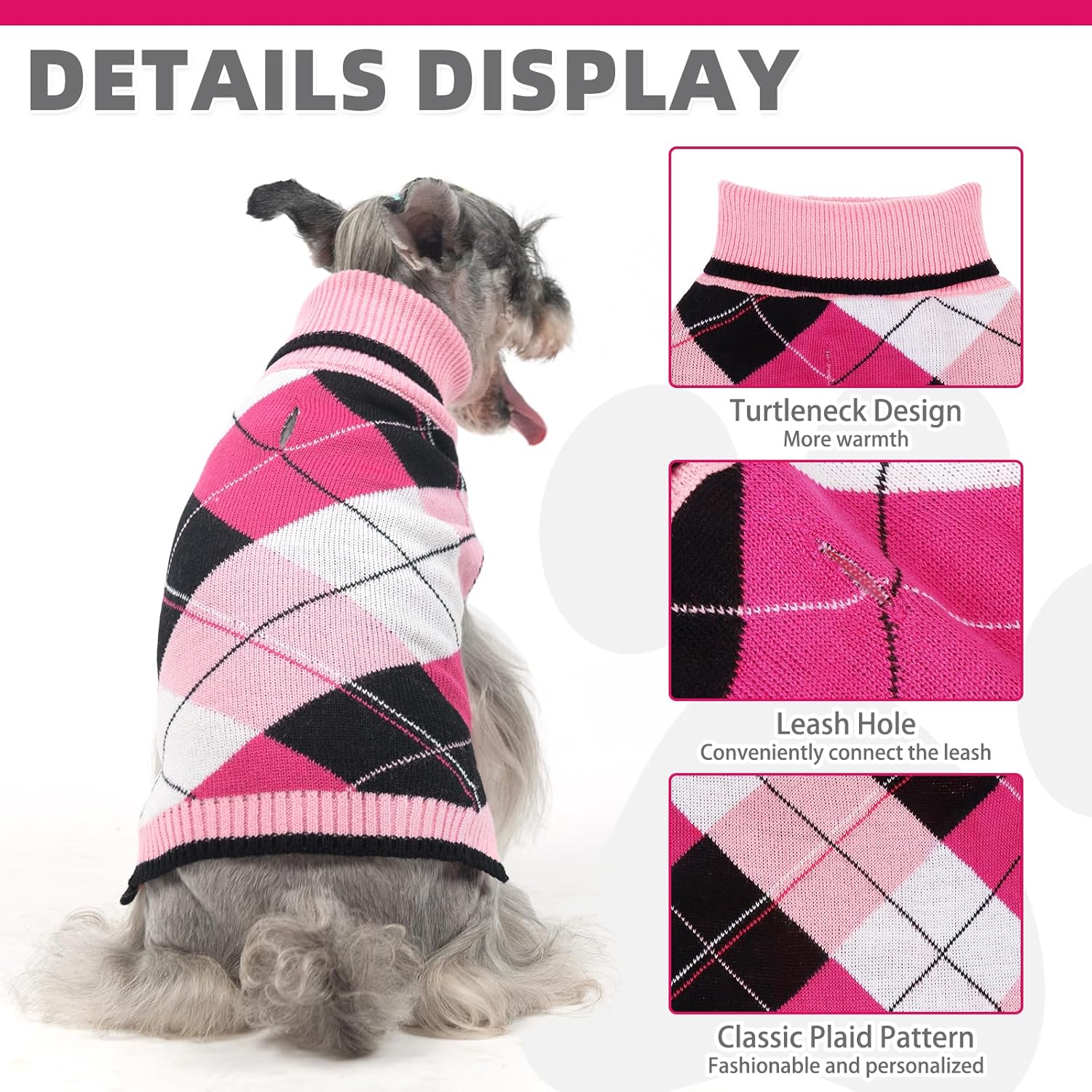 KOOLTAIL Valentine Dog Sweater Pet Knitted Clothes - Classic Pink Plaid Pullover Turtleneck Thick Warm Dog Sweaters with Leash Hole, Soft Winter Coats for Small Medium Large Dogs Cats Puppy Girls, S