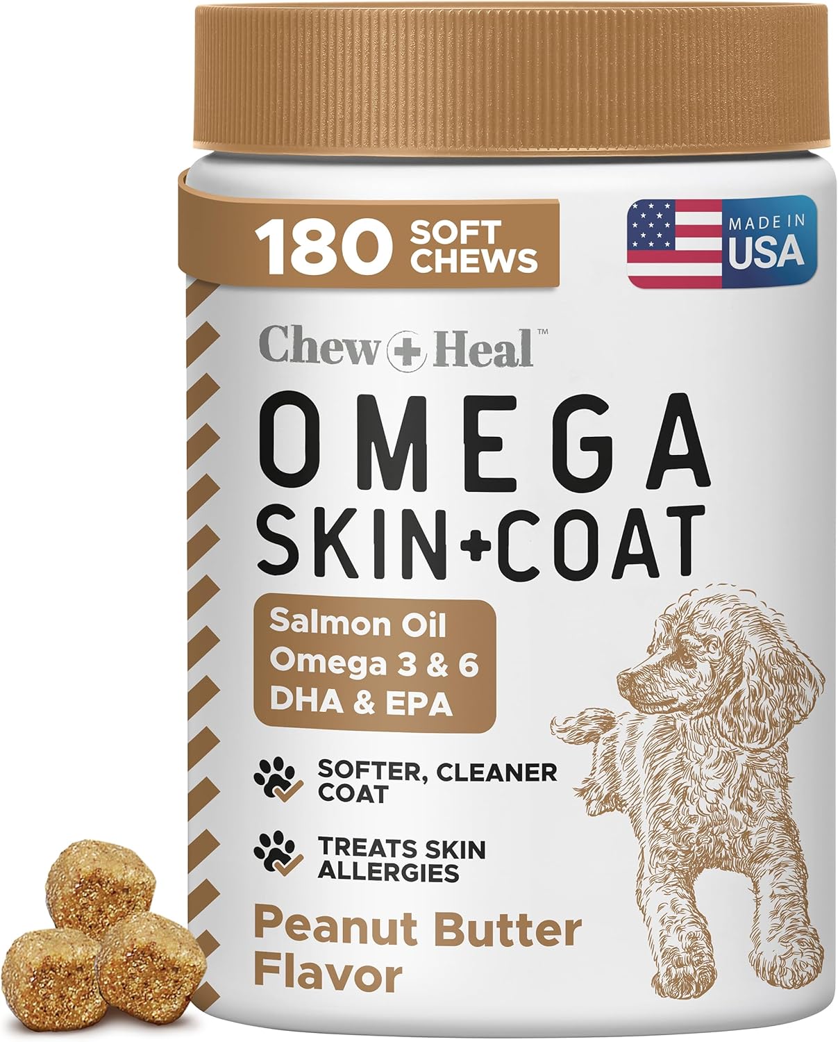Salmon Oil for Dogs - 180 Soft Chew Omega Treats for Skin and Coat - Fish Oil Blend of Essential Fatty Acids, Omega 3 and 6, Vitamins, Antioxidants and Minerals - Made in USA