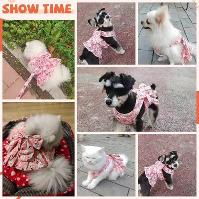 BAEJMJK Dog Dress Bowknot Harness Leash Set for Small Dogs Cats Daisy Floral Girl Dog Dresses Cute Puppy Princess Clothes Pet Doggy Outfits Spring Summer Breathable Dresses(Pink,Medium)