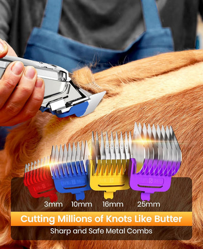 oneisall Cortapelos para perros para aseo de pelo grueso profesional, kit de aseo para mascotas inalámbrico/de bajo ruido con peines de metal desmontables, cortaúñas recargables de alta resistencia