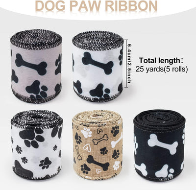 Dog Paw Print Ribbon - 5 Rolls, 2.5 Inch, 25 Yards Burlap Wired Ribbons for Crafts, Party, Wedding, Gift, DIY Decoration, Wrapping, Bow Making, Wreath Decor