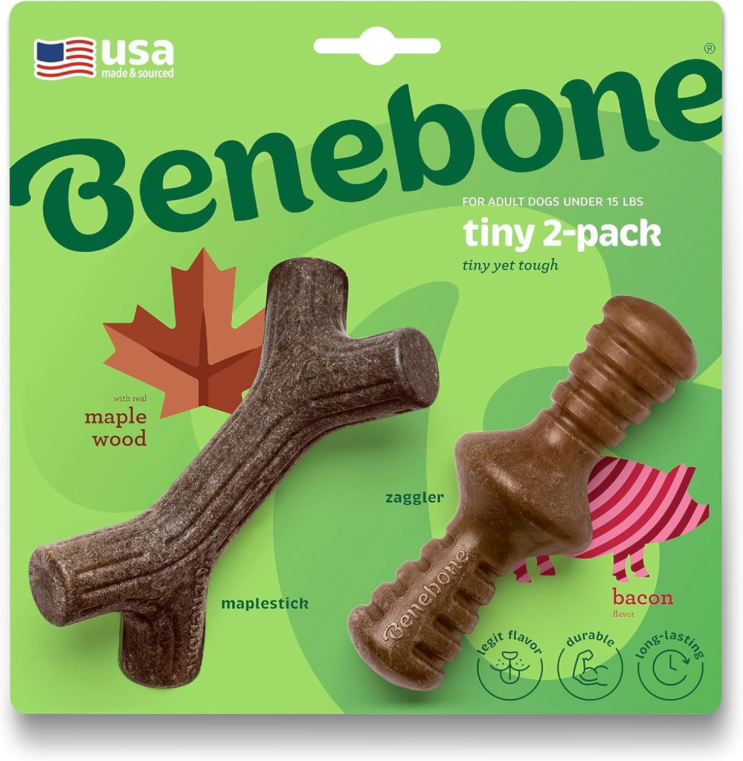 Benebone 2 Count (Pack of 1) Wishbone/Dental Durable Dog Chew Toys, Real Bacon, Made in USA, Small