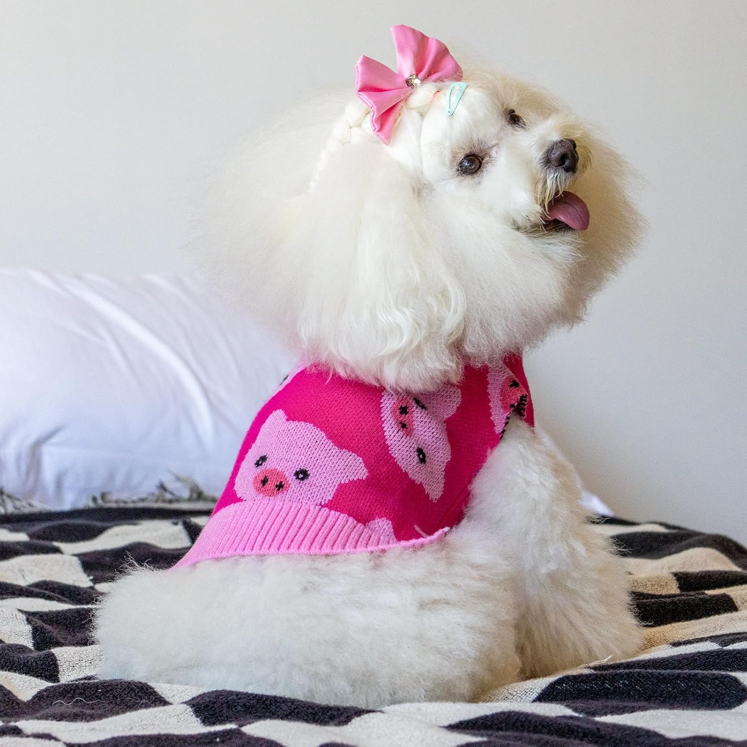 CuteBone Dog Sweater for Small Dogs Pink Pig Knit Puppy Sweater Turtleneck Pet Winter Clothes Cat Apparel with Harness Hole