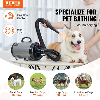 VEVOR Dog Dryer, 2800W/4.3 HP Dog Blow Dryer, Pet Grooming Dryer with Adjustable Speed and Temperature Control, Pet Hair Dryer with 4 Nozzles and Extendable Hose, Grey and Black
