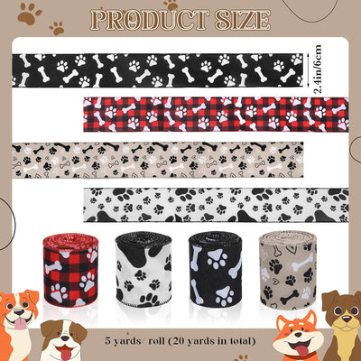 4 Rolls Paw Print Ribbon, 2.4 Inch x 20 Yard Red White Black Animal-Themed Ribbons - Pet Paw Dog Bone Wired Edge Ribbon for DIY Crafts, Party Decorations & Gift Wrapping