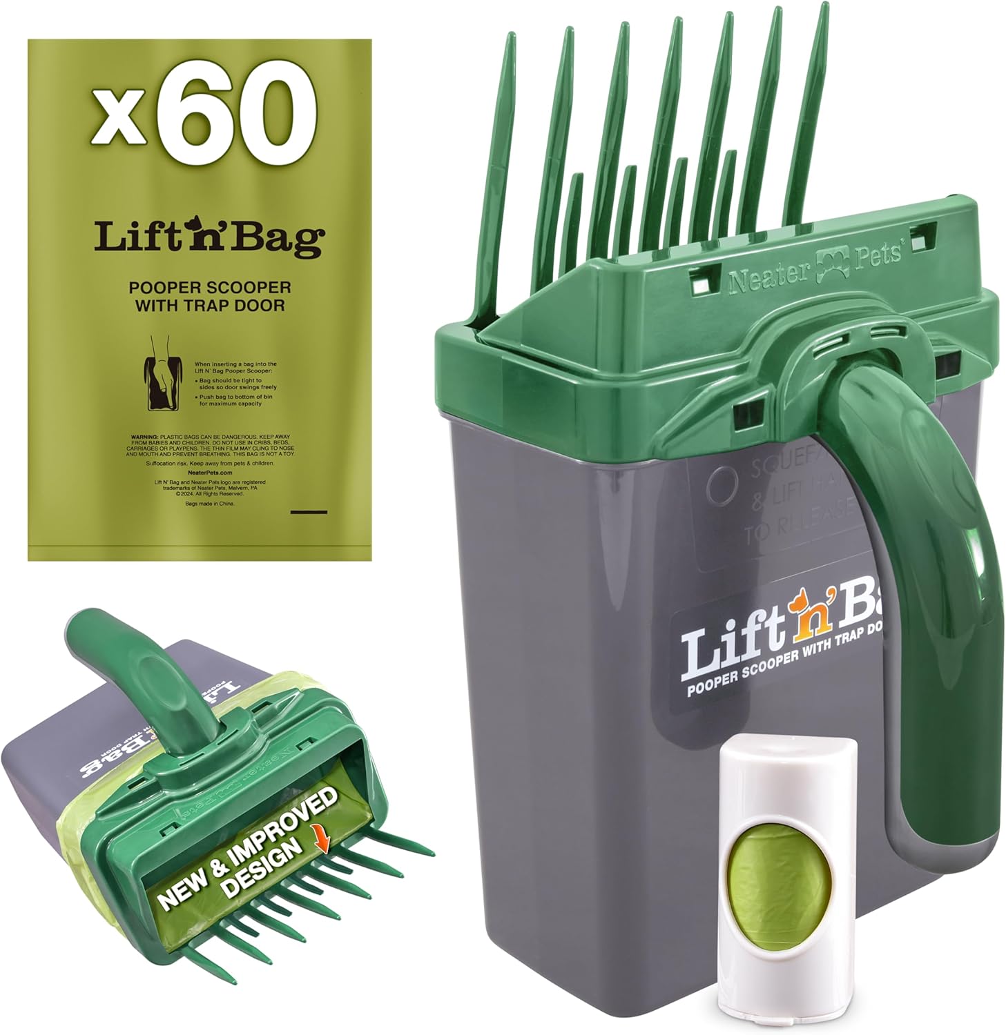 Neater Pet Brands Lift N’ Bag 2.0 Dog Pooper Scooper with Bag Attachment & 27" Pole for Small to Large Dogs, New & Improved Design, 15 Refill Bags, Heavy Duty Dog Poop Scooper for Yard, One-Hand Use