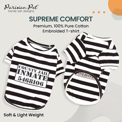 Parisian Pet Dog Shirt - Prisoner Dog Costume - 100% Cotton Black and White Strips Dog Clothes - Lightweight Polyester Dog Shirts - Sleeved Dog Costume for Medium Dogs - Pet Costumes - L