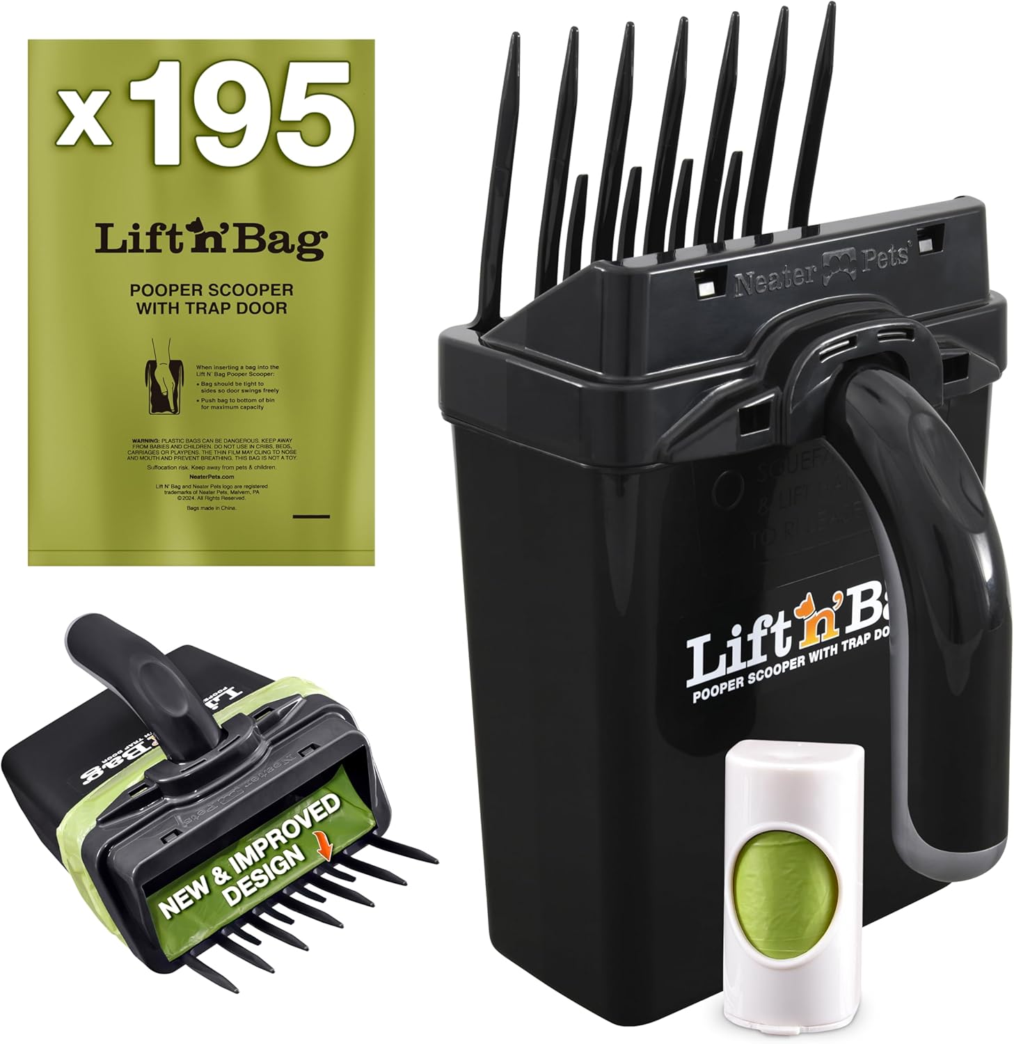 Neater Pet Brands Lift N’ Bag 2.0 Dog Pooper Scooper with Bag Attachment & 27" Pole for Small to Large Dogs, New & Improved Design, 15 Refill Bags, Heavy Duty Dog Poop Scooper for Yard, One-Hand Use