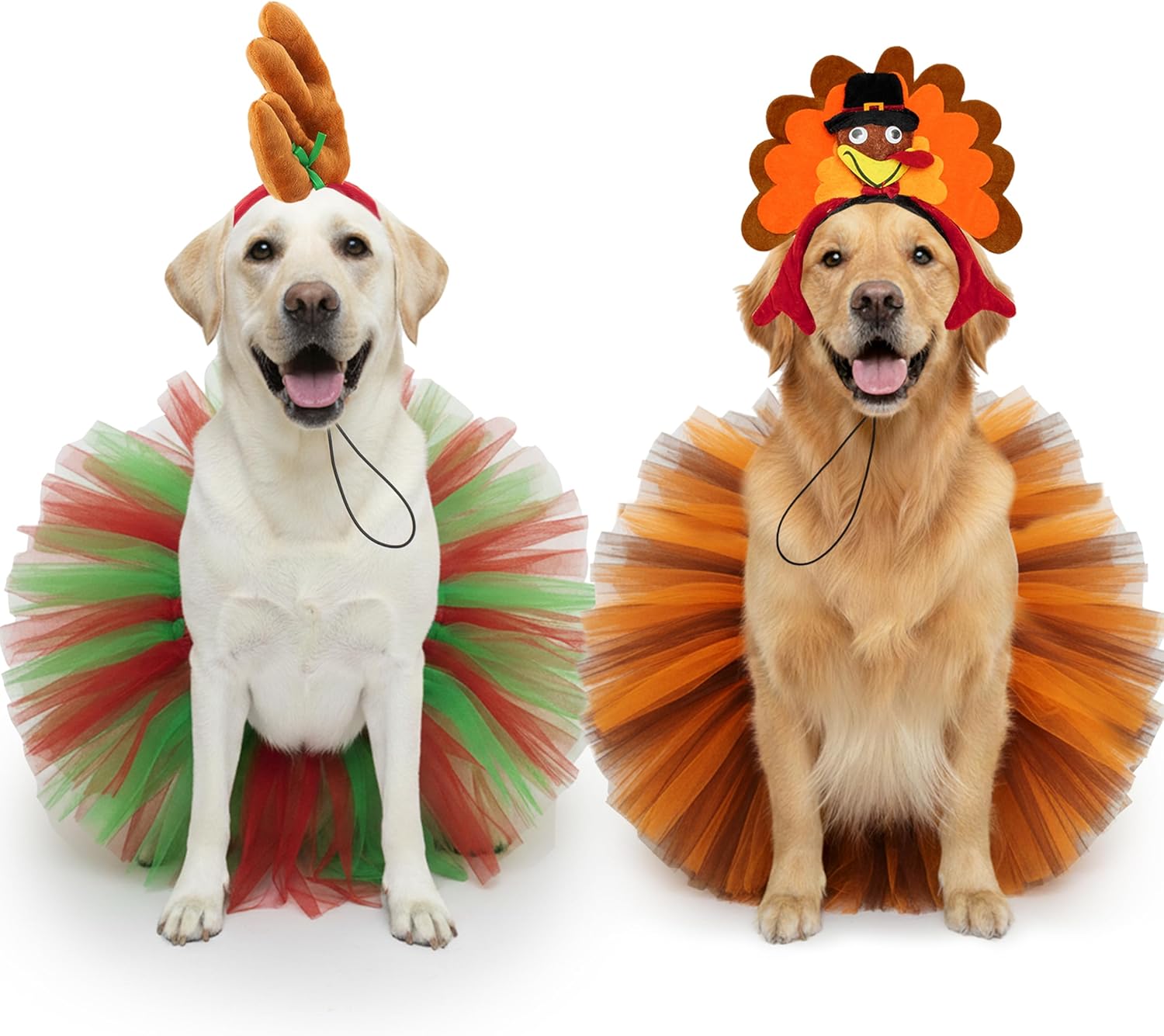 PAWNISAW Thanksgiving & Christmas Dog Costume Set, Cute Turkey & Antler Headband & Dog Tutu Dress Holiday Party Outfit Accessories for Medium, Large Dogs