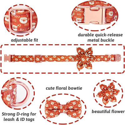 Christmas Dog Collar and Leash Set Girls Adjustable Puppy Collars with Christmas Bow Tie for Small Medium Large Female Dogs, Red Santa Claus, S