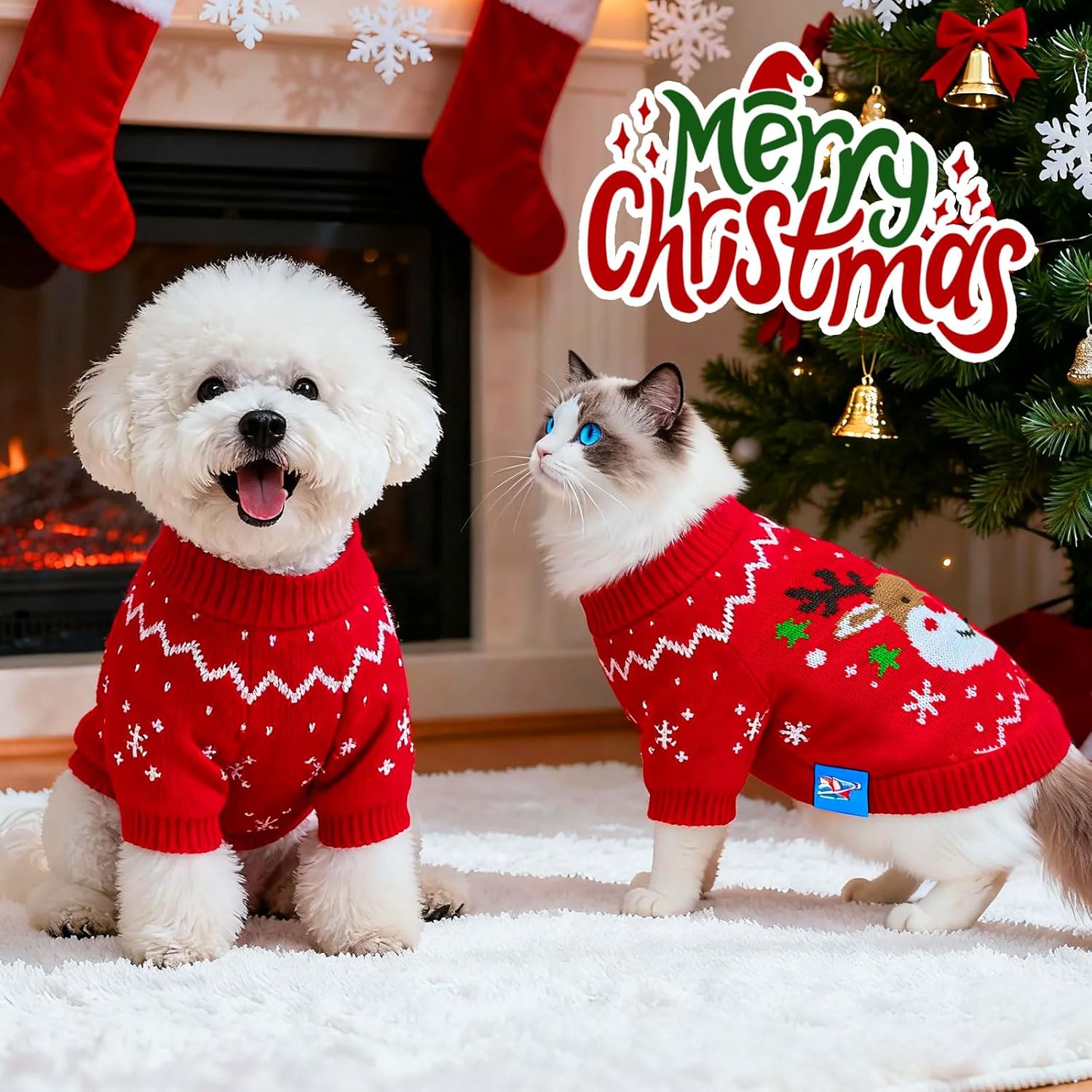 Dog Christmas Sweater Soft Warm Fall Winter Cat Clothes Puppy Sweater for Small Dogs Cute Xmas Reindeer Doggie Outfit Cat Sweaters with Sleeves Pet Holiday Costume Chihuahua Apparel(Red,M)