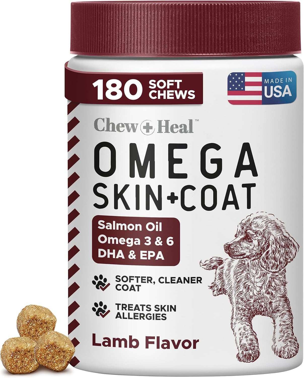 Salmon Oil for Dogs - 180 Soft Chew Omega Treats for Skin and Coat - Fish Oil Blend of Essential Fatty Acids, Omega 3 and 6, Vitamins, Antioxidants and Minerals - Made in USA