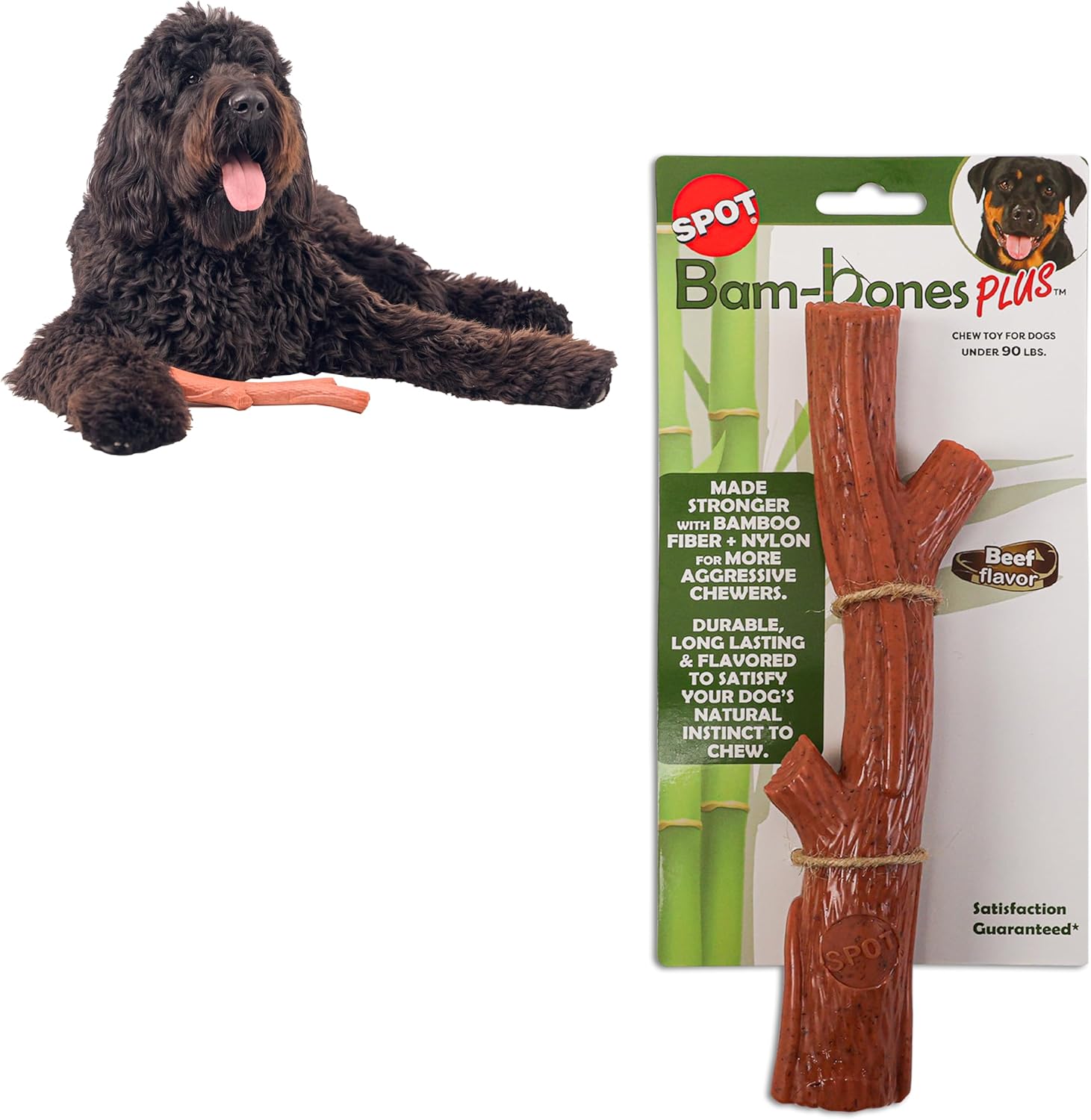 SPOT Bam-Bones Plus Branch -Bamboo Fiber & Nylon, Durable Long Lasting Dog Chew for Aggressive Chewers – Great Toy for Adult Dogs & Teething Puppies Under 60lbs, Non-Splintering, 5.75in, Beef Flavor