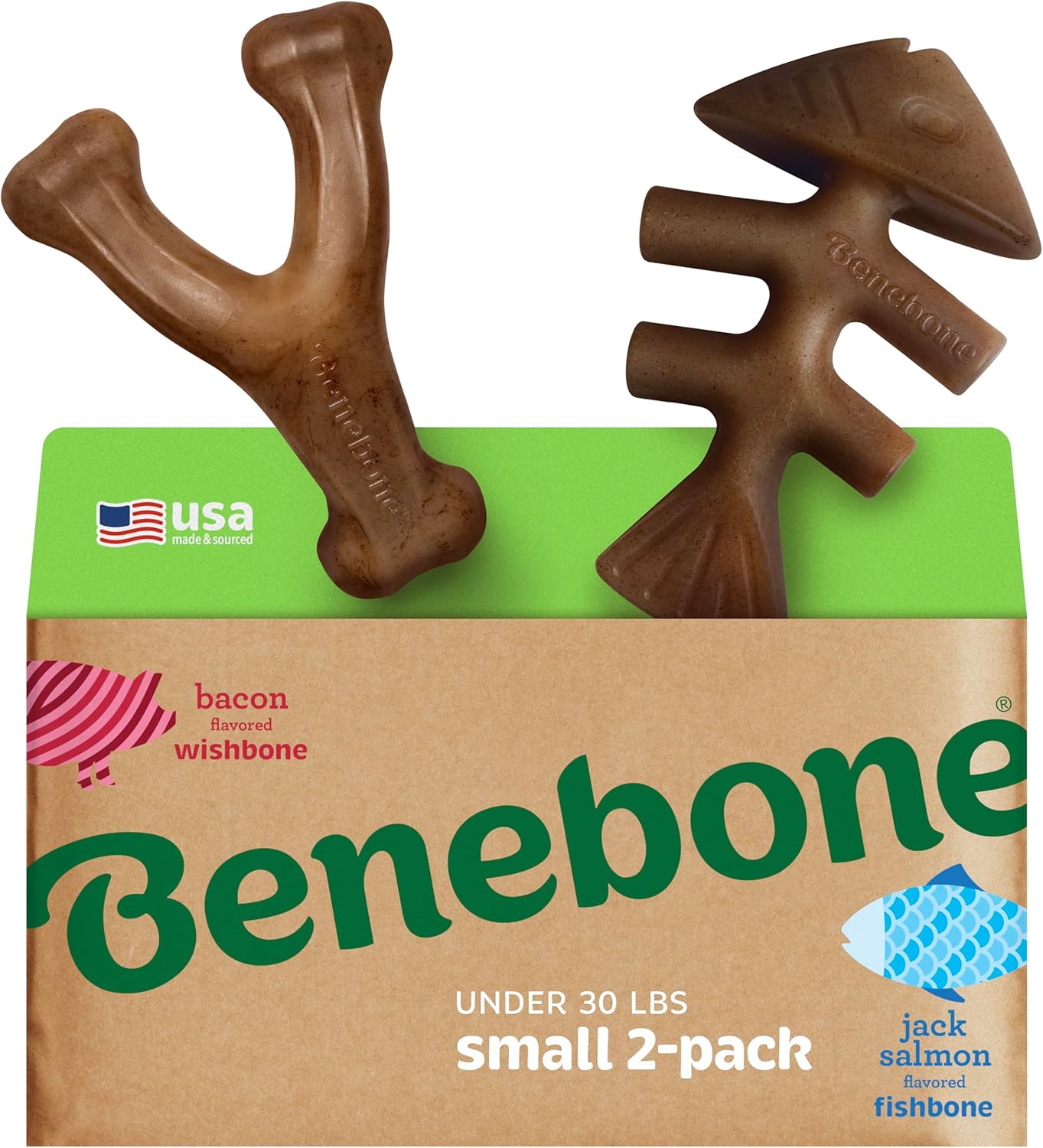 Benebone 2 Count (Pack of 1) Wishbone/Dental Durable Dog Chew Toys, Real Bacon, Made in USA, Small