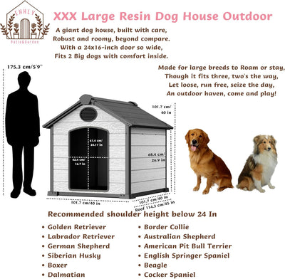 45" Large Dog House Outdoor Weatherproof, 3XL Big Dog House for 2 Large Dogs Outside, Insulated Igloo Pet House with Elevated Floor, Extra Durable Resin Plastic, 45Lx40Wx40H, Cemented Grey